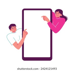 People at the big smartphone pointing at the screen