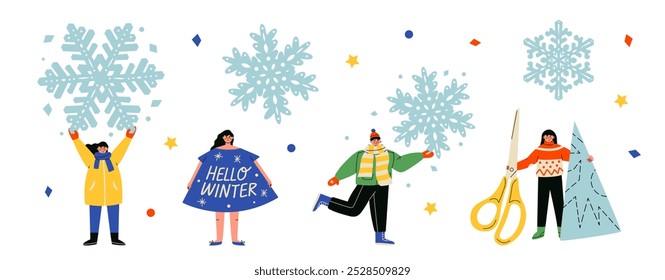 People with big snowflakes. Hello winter. Paper snowflake cutting concept. Trendy flat vector illustration isolated on white background.