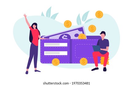 People with big wallet and stack of coins, online payments, e-wallet concept with wire transfer, can be used for landing page, template, ui, web page, banner, flyer