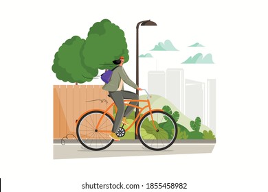 People bike to work. Young woman riding bicycle to office. Flat vector illustration