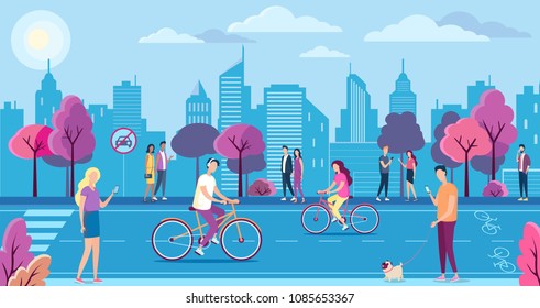 People with bikecycles in the ecologically pure city park, landscape. Cycle lane, mobile internet technology and no car sign People with bikecycles in the ecologically pure city park, landscape. Cycle lane, mobile internet technology and no car sign