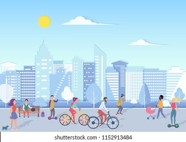 People with bikecycles, hoverboards, babies walking and relaxing in urban city square street with modern city skyline on the background. Trendy flat gradient vector illustration.