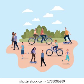 people with bikes and skateboards at park design, Outdoor activity and season theme Vector illustration