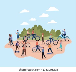 people with bikes and skateboards at park design, Outdoor activity and season theme Vector illustration