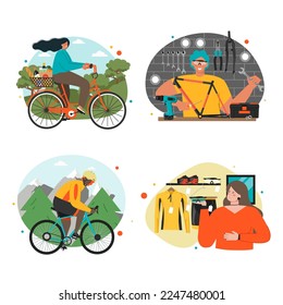 People biking, shopping and repair activity set