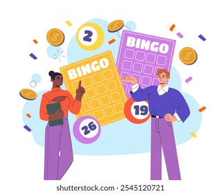 People with bingo. Man and woman near lottery tickets and balls with numbers. Games for luck, fortune and random. Happy loto winners. Flat vector illustration isolated on white background