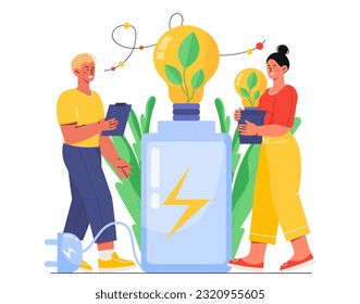 People with bio energy concept. Man and woman near light bulb with plant silhouette. Caring for ecology and environment. Alternative energy source and waste reduction. Cartoon flat vector illustration