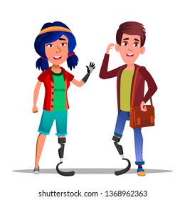 People With Bionic Legs Cartoon Vector Characters. Young Woman Waving With Bionic Arm Isolated Clipart. Disabled Adults Design Element. Modern Medicine. Man With Prosthesis Flat Illustration