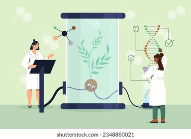 People with biotechnology concept. Women in medical gowns study structure of plant. Laboratory experiment and equipment. Scientific poster or banner. Cartoon flat vector illustration