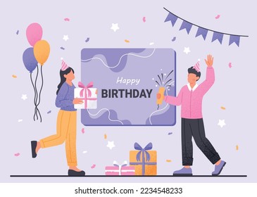 People and birthday card. Holiday and festival, party and event characters. Joy and happiness, guy with rocket and woman with gift box, surprise. Poster or banner. Cartoon flat vector illustration