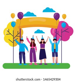 people birthday celebration balloons board vector illustration