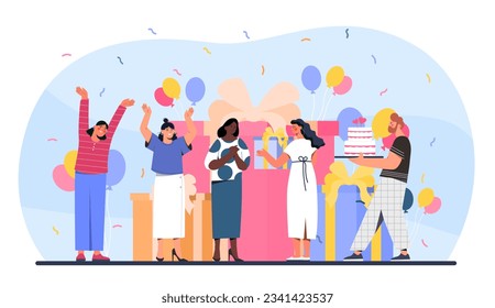 People at birthday celebration concept. Man and women with cake on background of gift box, confetti and balloons. Holiday and festival. Poster or banner. Cartoon flat vector illustration