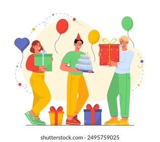 People with birthday gift. Man with cake, woman and young guy with present boxes. Friends at holiday and event. Students celebrate. Flat vector illustration isolated on white background