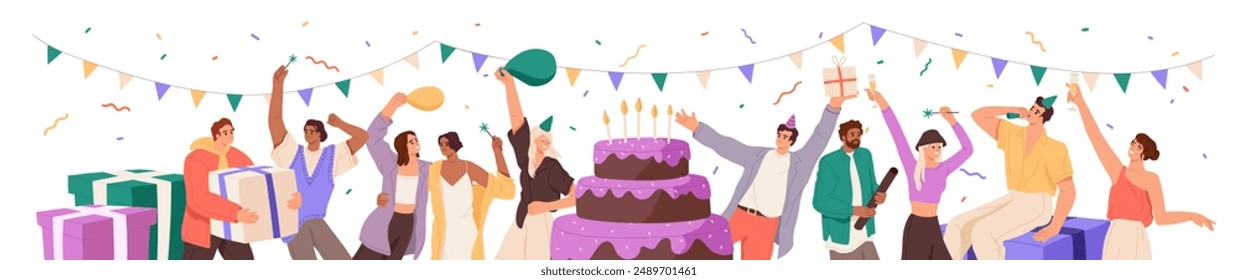 People are at birthday party banner. Happy friends celebrate anniversary, hug for joy. Holiday congratulation with festive cake, gifts, confetti, balloons. Flat isolated vector illustration on white