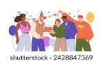 People at birthday party with cake. Vector illustration of anniversary celebration with surprise gift or present. Office man and woman friends festive celebrating. Greeting card or holiday invitation