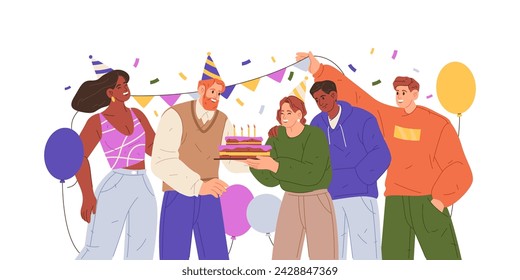 People at birthday party with cake. Vector illustration of anniversary celebration with surprise gift or present. Office man and woman friends festive celebrating. Greeting card or holiday invitation