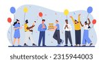 People at birthday party concept. Men and women with balloons and cake. Holiday and festival. Design element for greeting and invitation postcard. Cartoon flat vector illustration