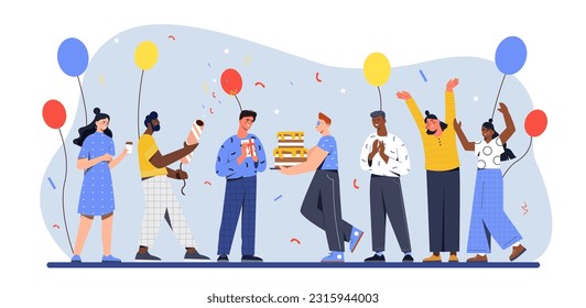 People at birthday party concept. Men and women with balloons and cake. Holiday and festival. Design element for greeting and invitation postcard. Cartoon flat vector illustration