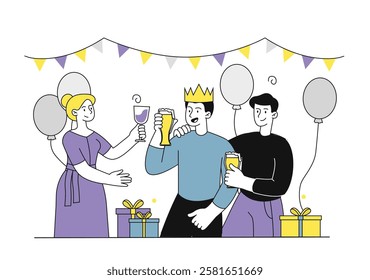 People at birthday party. Guys and woman with glasses of champagne. Friends celebrate together. Party or event. Cheerful people with alcoholic drinks. Linear vector illustration