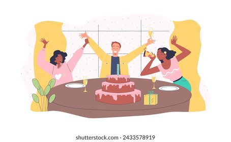 Leute bei der Geburtstagsfeier. Mann und Frau sitzen neben Tisch mit Kuchen und Kerzen. Dessert und Delikatesse. Freunde feiern jährlichen Feiertag und Ereignis, Festival. Cartoon flache Vektor-Illustration