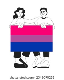 People with bisexual flag monochromatic flat vector characters. LGBT community. Editable thin line full body people share support on white. Simple cartoon spot illustration for web graphic design