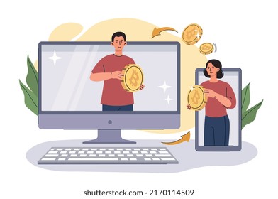 Gente con bitcoin. Criptodivisa y tecnología blockchain. Los inversores noveles evalúan las perspectivas de los activos. Alfabetización financiera e ingresos pasivos. Pago en línea. Dibujo vectorial plano de dibujos animados