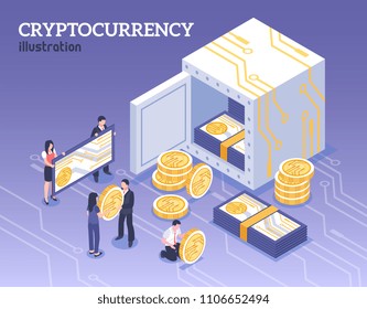 People with bitcoins cryptocurrency isometric background 3d vector illustration