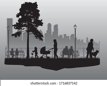 People black silhouettes, urban background.