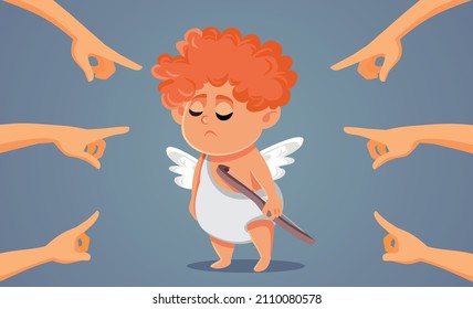 

People Blaming Love Angel Cupid Vector Cartoon Illustration. Angry mob, hating on little cherub disappointed by his service
