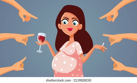 
People Blaming Pregnant Woman For Drinking And Smoking Vector Cartoon. Society Accusing Mom Of Being Reckless And Irresponsible 
