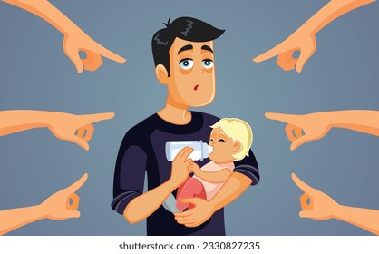 
People Blaming and Shaming Single Dad Vector Cartoon illustration. Parent being judged by strangers for raising his baby
