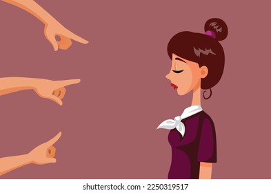 
People Blaming Young Woman for Societal Problems Vector Illustration. Society victim blaming out of sexist perspective on women’s rights 
