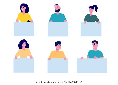 Gente con banner en blanco.  Conjunto de caracteres diferentes. Ilustración vectorial en estilo plano.