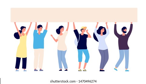 People with blank banner. People group activists holding big empty placard. Political demonstration public strike rally vector concept. Illustration team protest, piquet holding billboard together