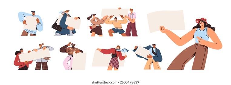 People with blank banners. Characters are presenting, pointing at empty posters, cards. Men and women hold, demonstrate advertising boards, presentation. Flat isolated vector illustrations on white