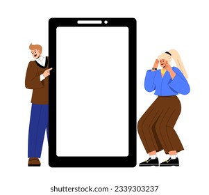 Personas con el concepto de pantalla de smartphone en blanco. Muchacha y tipo con teléfono. Gadget y dispositivo. Afiche o cartel para el sitio web. Dibujo vectorial plano de dibujos animados aislado en fondo blanco