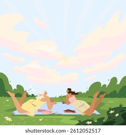 People at blanket in park, field. Friends chilling in nature admiring the sunset, landscape. Flat vector illustrations.