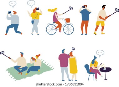 People bloggers creating content and posting it on social media. Blogging and vlogging set. Bundle of flat characters isolated on white background. Flat vector illustration.
