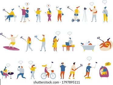 People bloggers creating content and posting it on social media. Blogging and vlogging set. Bundle of flat characters isolated on white background. Flat vector illustration.