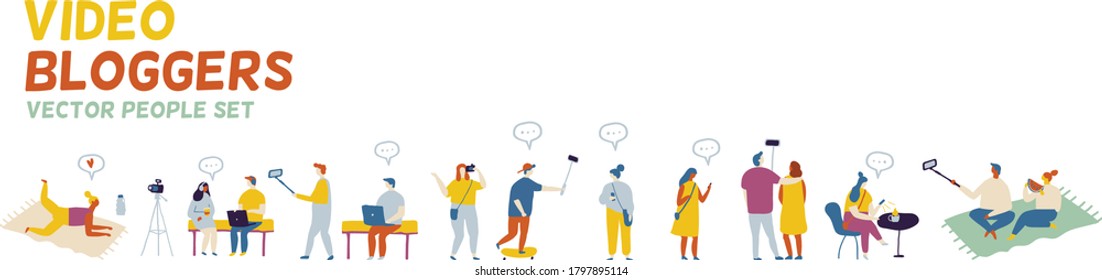 People bloggers creating content and posting it on social media. Blogging and vlogging set. Bundle of flat characters isolated on white background. Flat vector illustration.