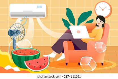 People blow air conditioner indoors in hot summer, prevent heat stroke in dog days, vector illustration