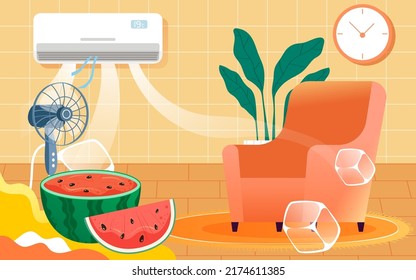 People blow air conditioner indoors in hot summer, prevent heat stroke in dog days, vector illustration