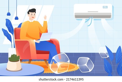 People blow air conditioner indoors in hot summer, prevent heat stroke in dog days, vector illustration