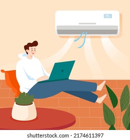 People blow air conditioner indoors in hot summer, prevent heat stroke in dog days, vector illustration