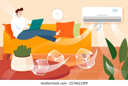 People blow air conditioner indoors in hot summer, prevent heat stroke in dog days, vector illustration
