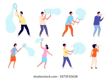 People Blowing Bubbles. Soap Bubble, Cute Adorable Characters Playing. Isolated Person On Party, Cartoon Modern Birthday Utter Vector Set