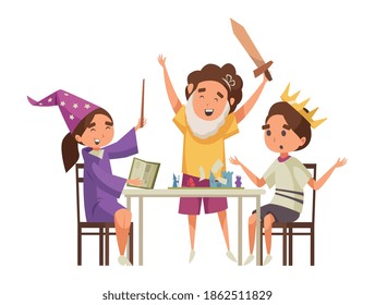 People board games composition with characters of playing kids in medieval costumes king warrior and wizard vector illustration