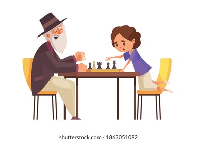 People board games composition with characters of little girl and elder man playing chess vector illustration