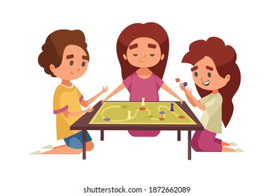 People board games composition with group of children characters playing table game vector illustration