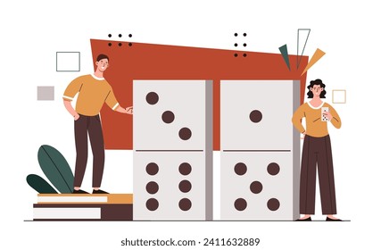 People with board games concept. Man and woman near white dices. Gambling and fortune. Fun and entertainment. Template and layout. Cartoon flat vector illustration isolated on white background